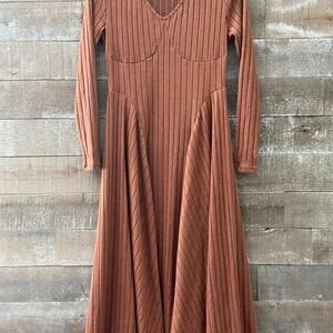 Halara Ribbed Knit V Neck Long Sleeve Flare Midi Casual Dress, M. NWT